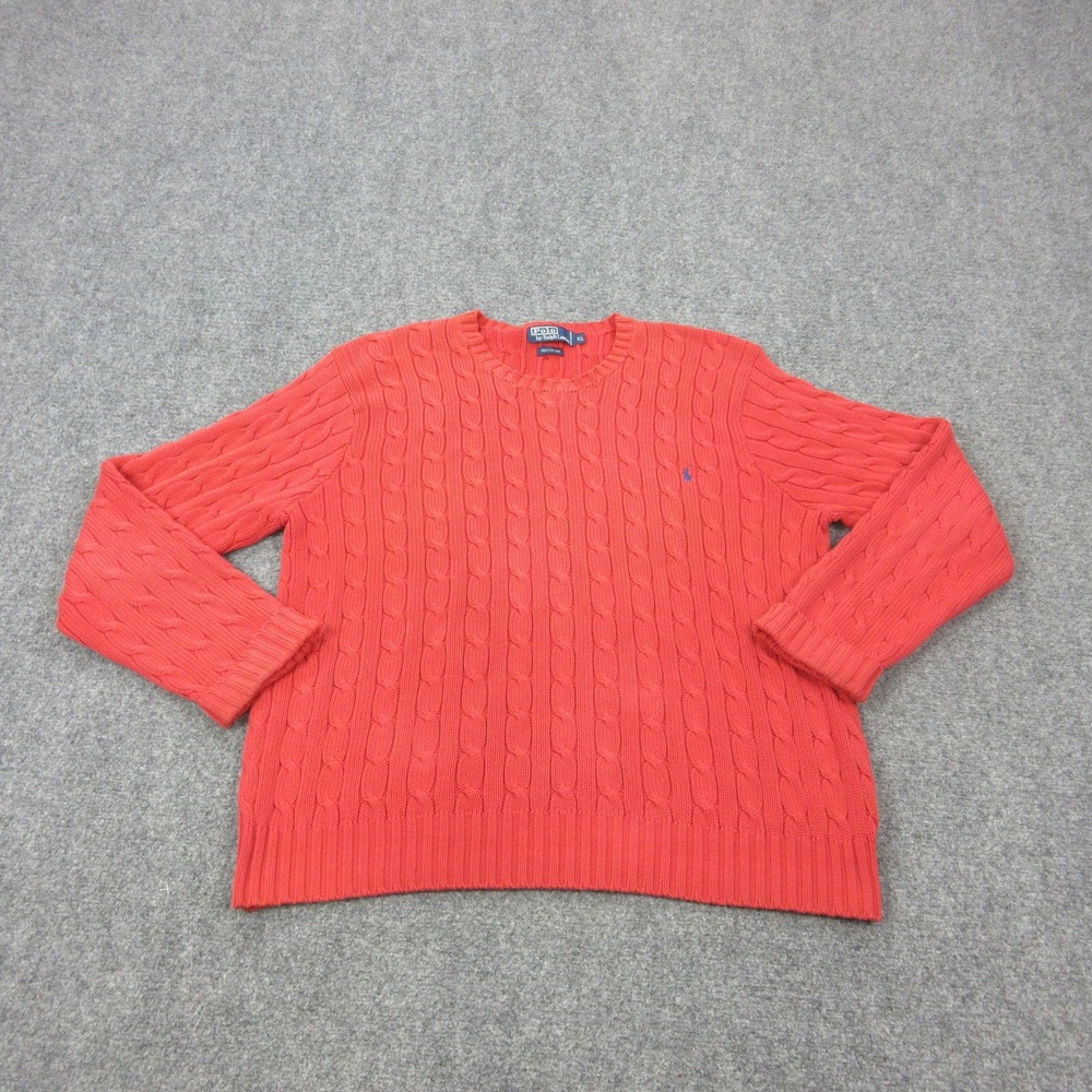 VTG Polo By Ralph Lauren Sweater Mens XL Red Cable Knit Cotton Crewneck Pullover